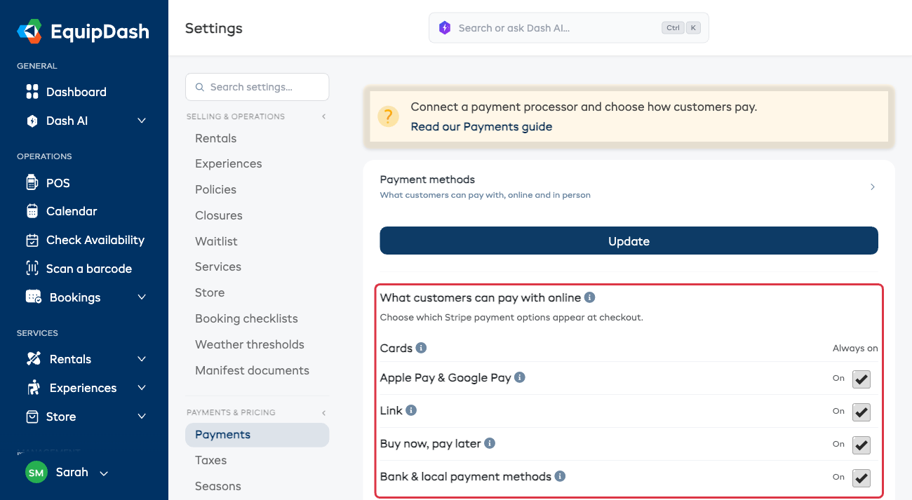 The "What customers can pay with online" section on the Payments settings page, with switches for Apple Pay &amp; Google Pay, Link, Buy now pay later, and Bank &amp; local payment methods