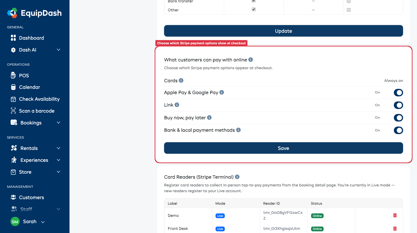 The "What customers can pay with online" section on the Payments settings page, with switches for Apple Pay &amp; Google Pay, Link, Buy now pay later, and Bank &amp; local payment methods
