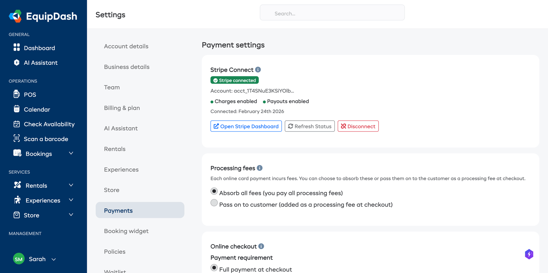 The Payment settings page showing Stripe connection status