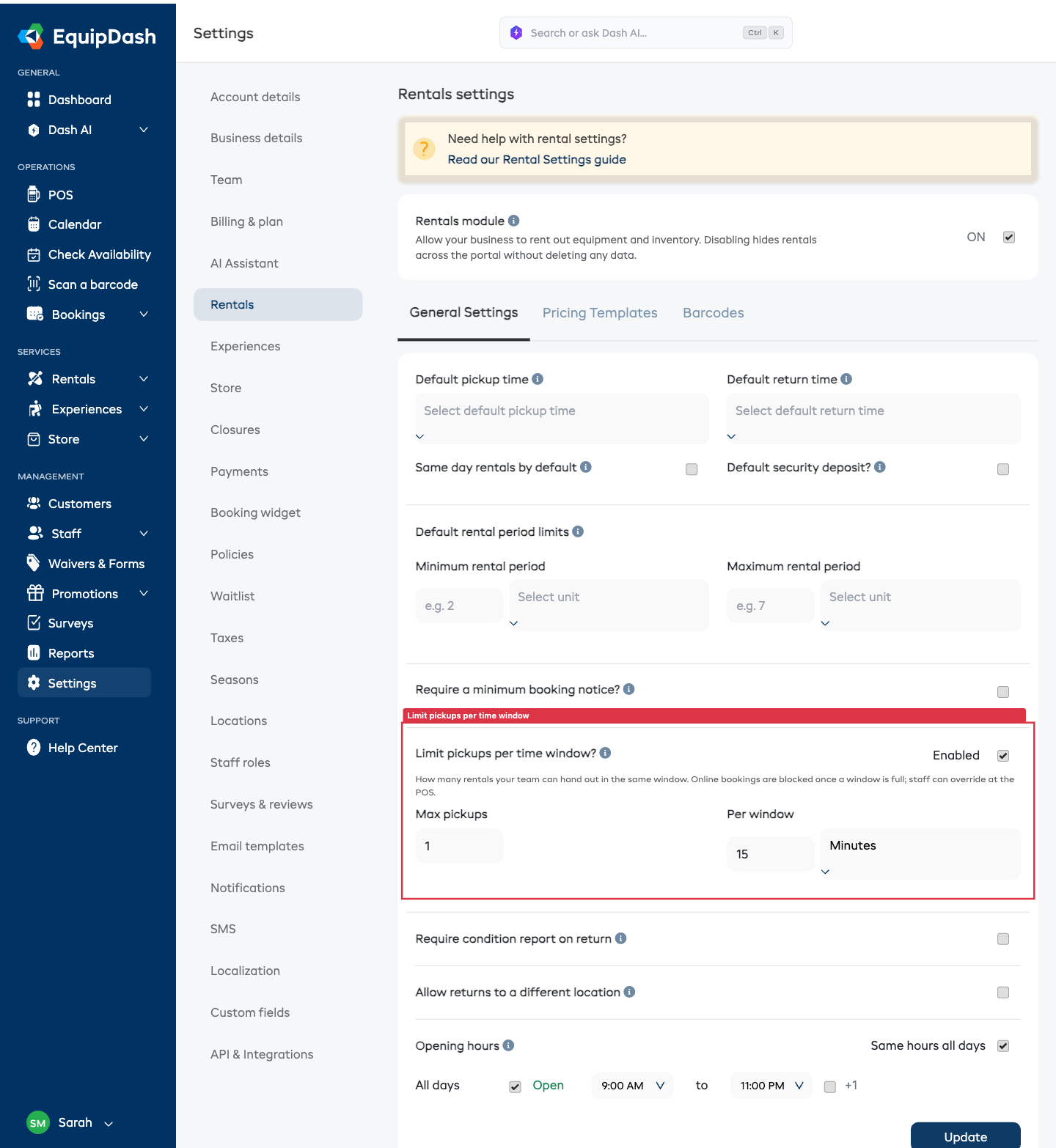 The Limit pickups per time window toggle with Max pickups and Per window fields in Rentals settings