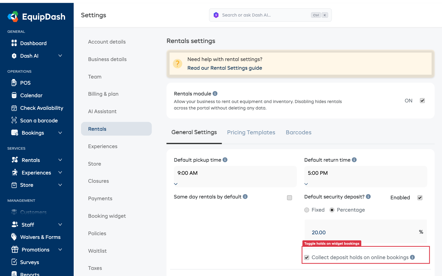 The Default security deposit section showing the Collect deposit holds on online bookings checkbox highlighted under the Default security deposit toggle and percentage fields