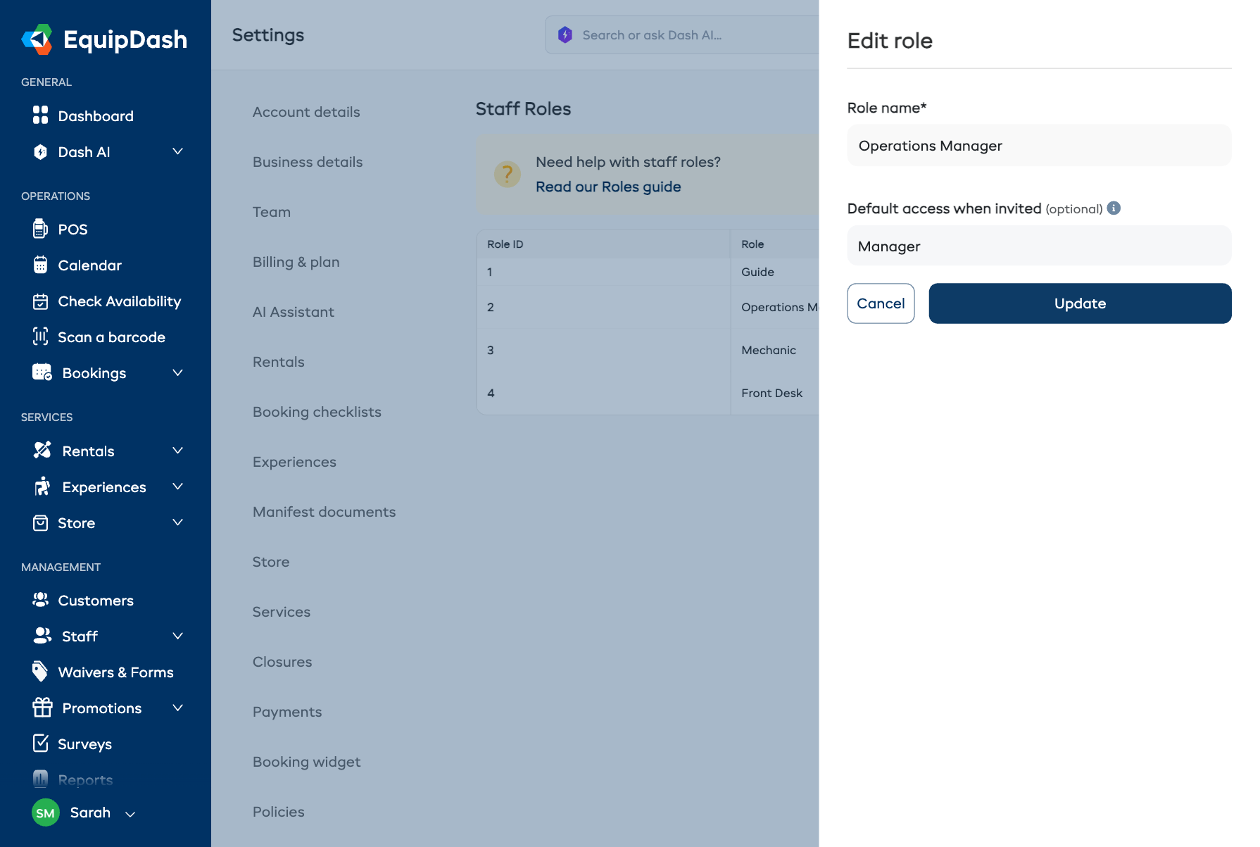 The Edit role panel for a Staff Role, showing the Default access when invited dropdown