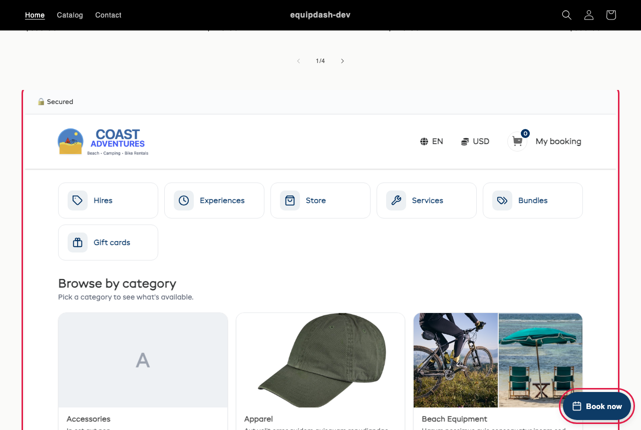 A Shopify store showing the EquipDash booking page and the Book now button