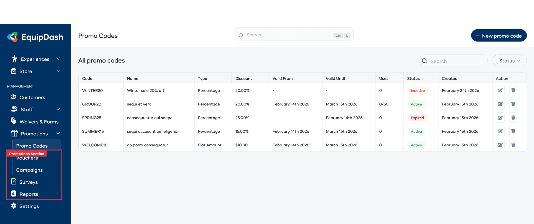 The sidebar showing the Promotions section expanded