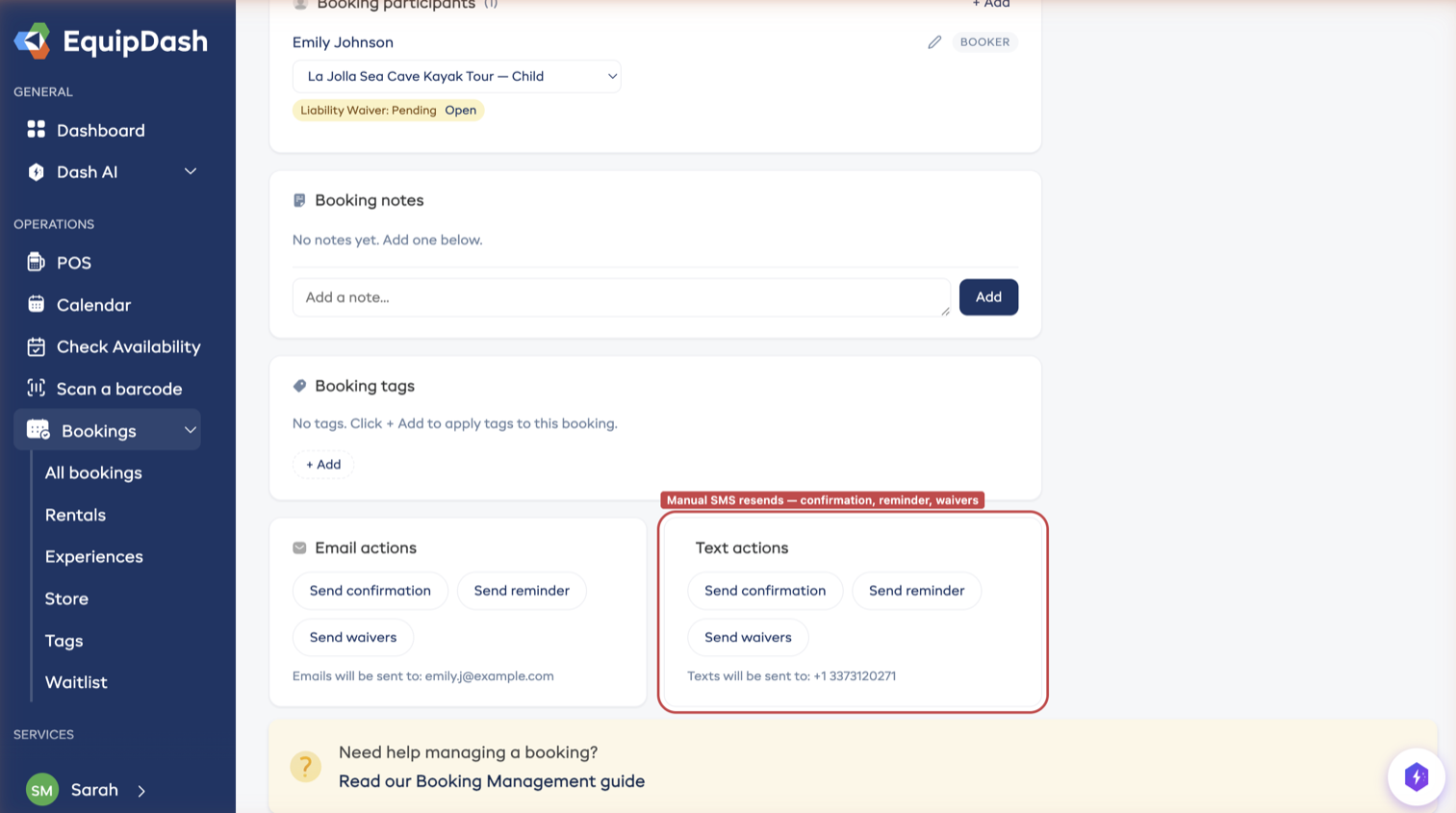 Text actions on booking detail