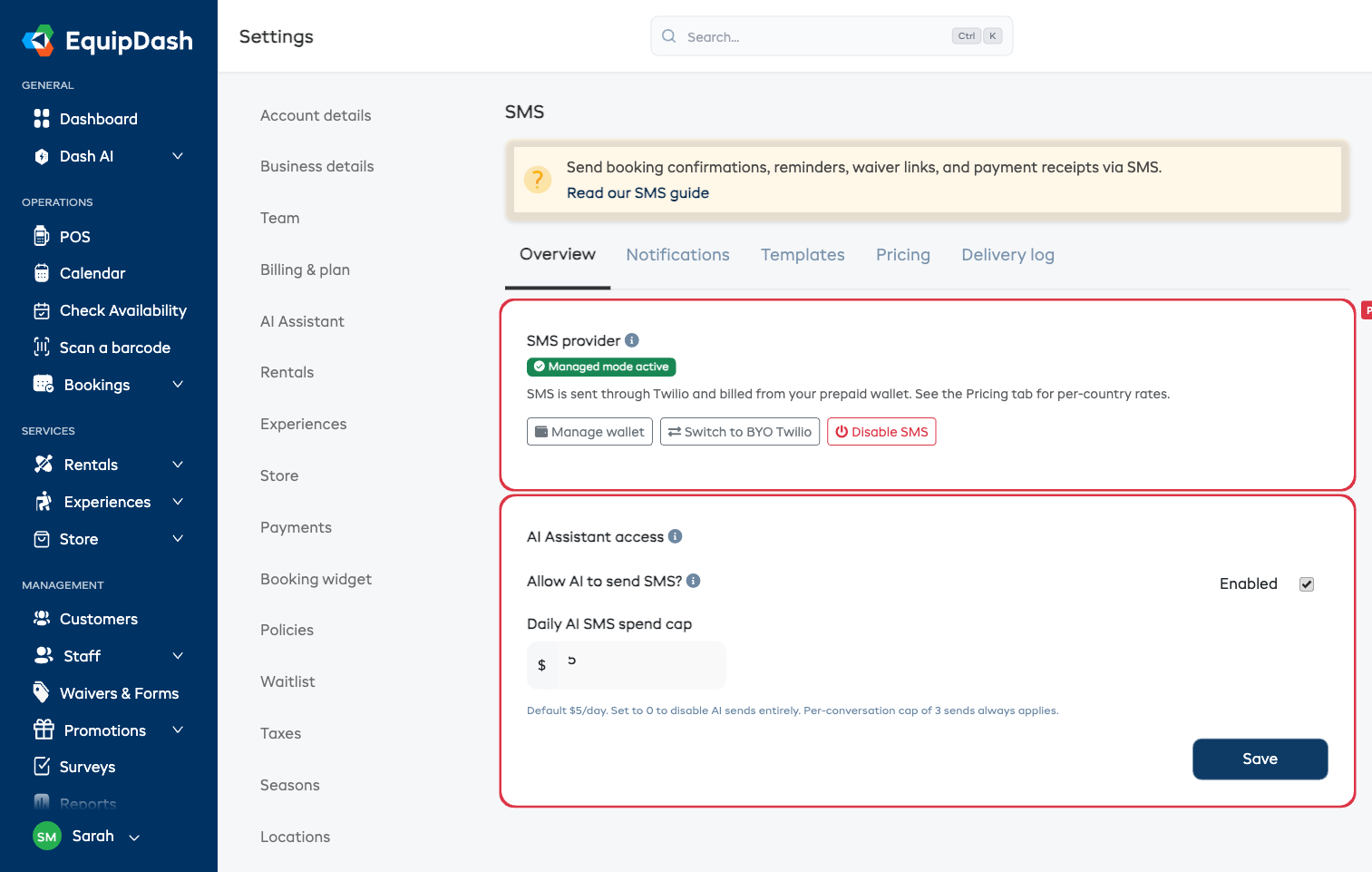 SMS settings overview