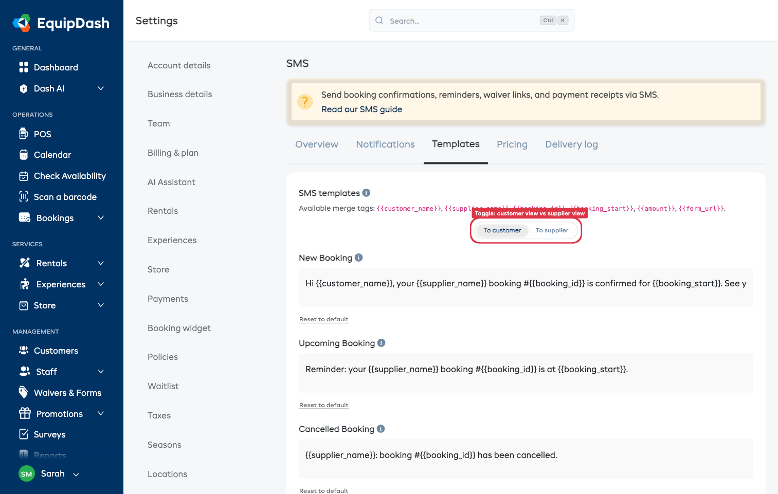 SMS templates — customer view