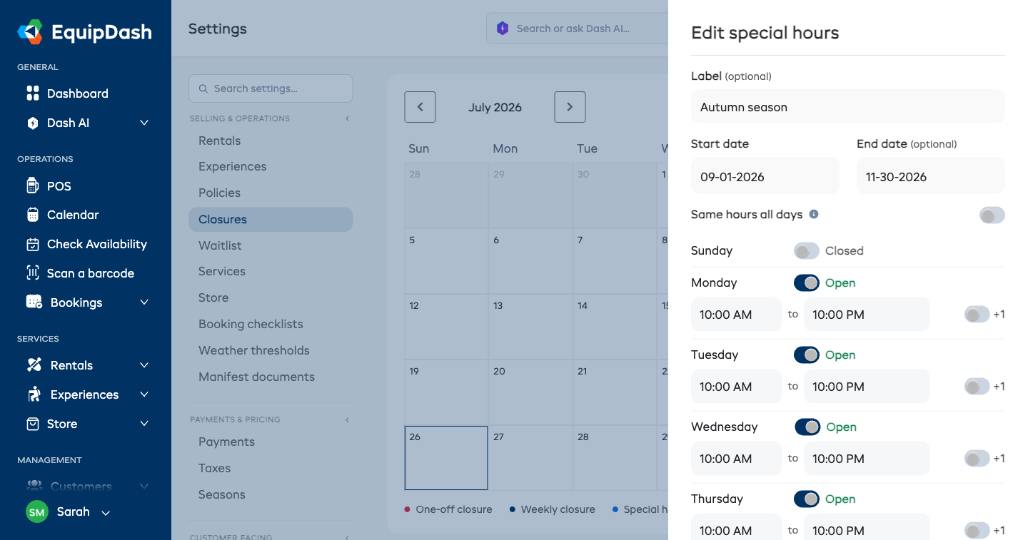 Special hours by day of the week — each weekday with its own open toggle and times, applied across the date range