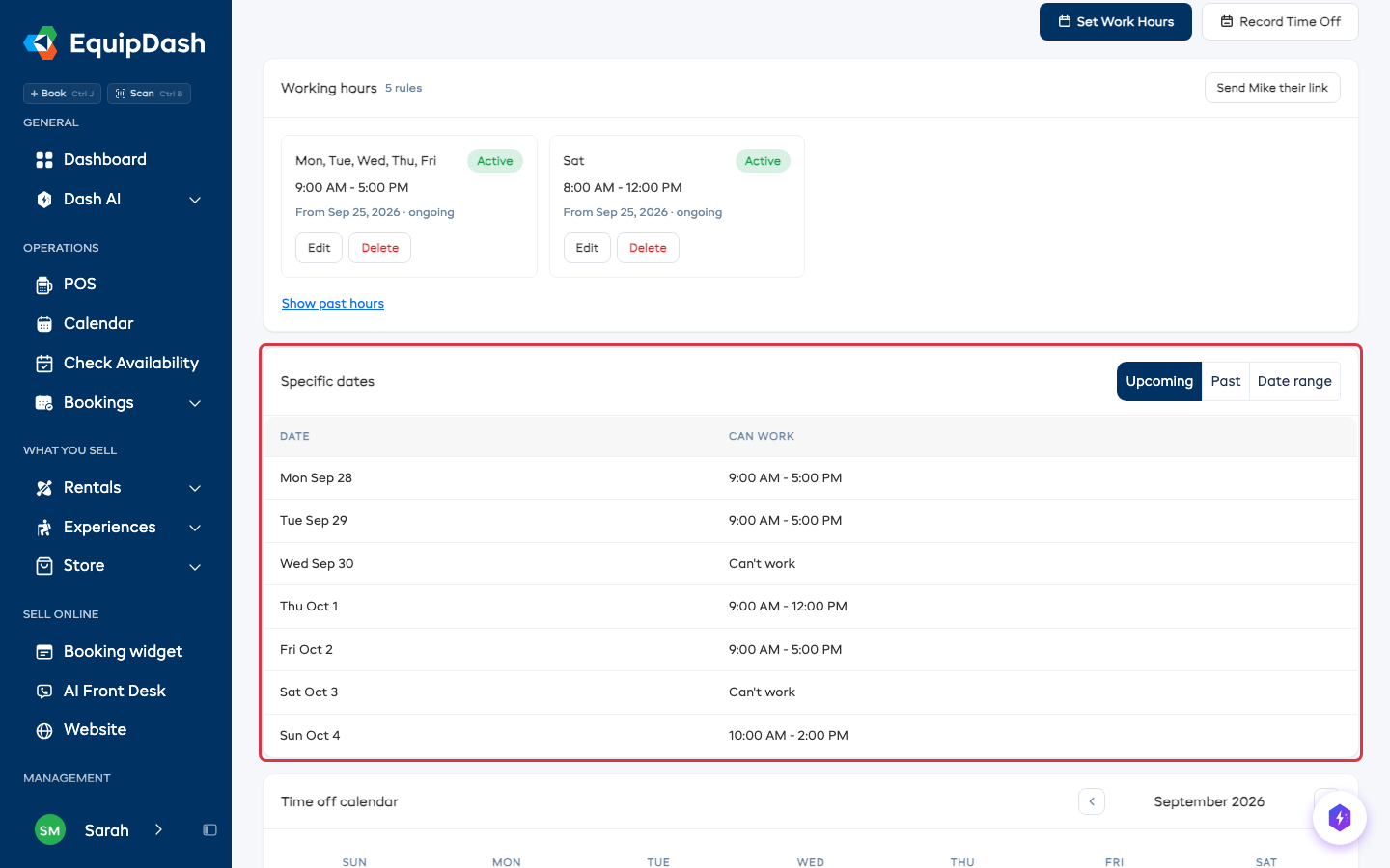 The Working hours card, and the Specific dates card with Upcoming, Past and Date range