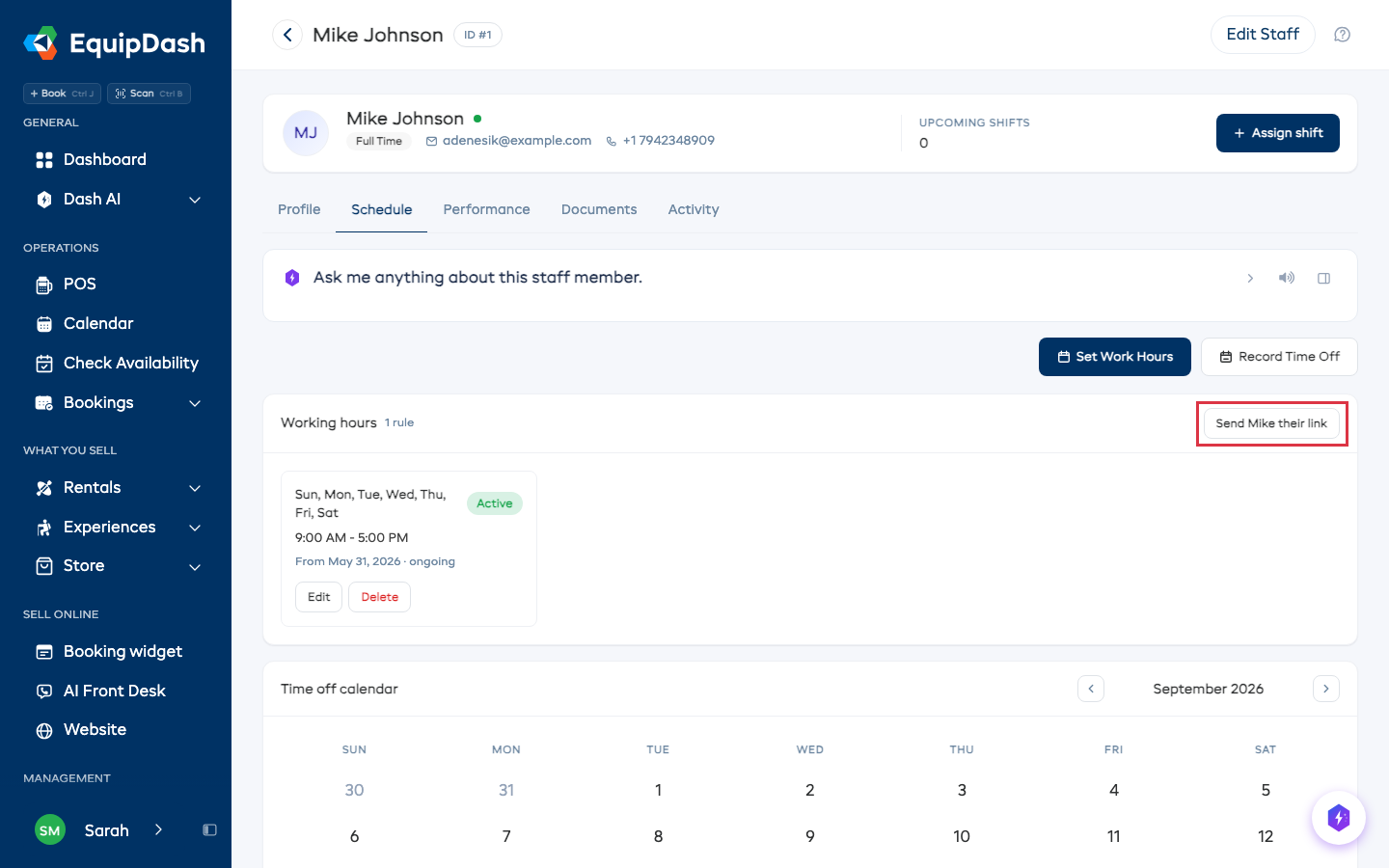 The Send Mike their link button in the Working hours card
