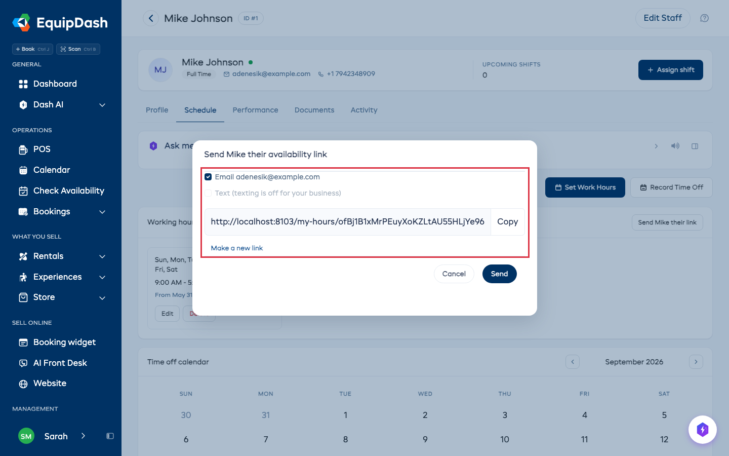 The send link box with email, text, the link and Copy
