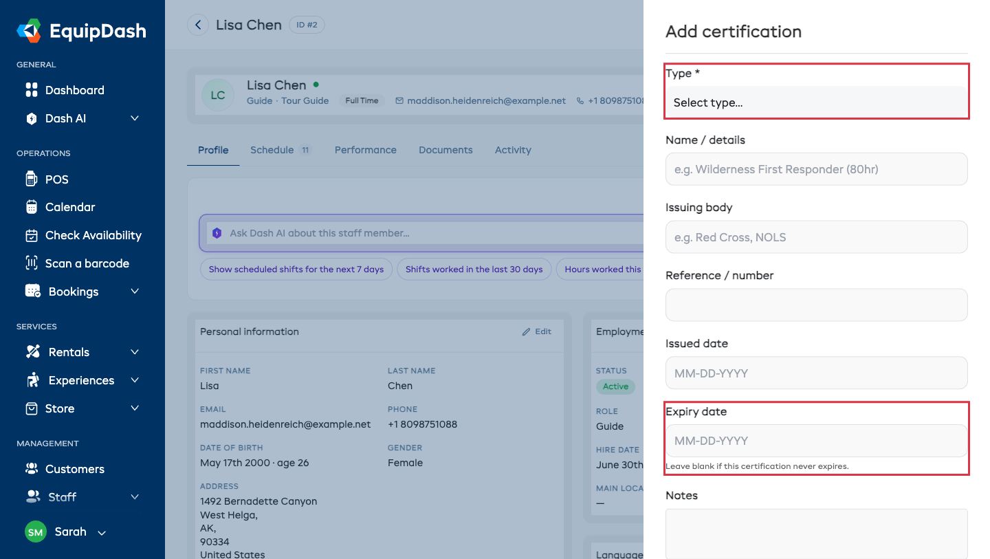 The Add certification drawer with the certification type and expiry date highlighted