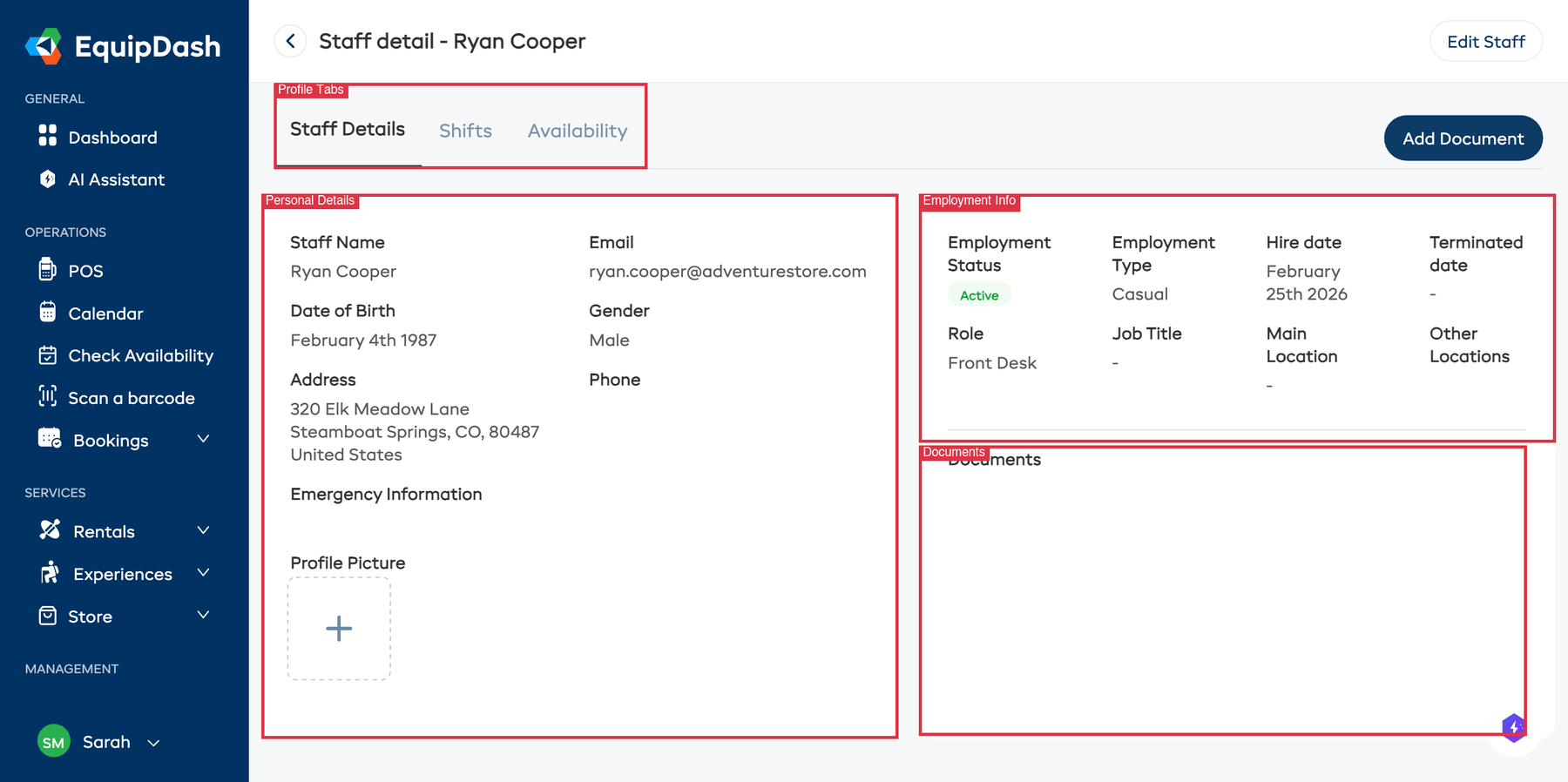 Staff detail page with annotations