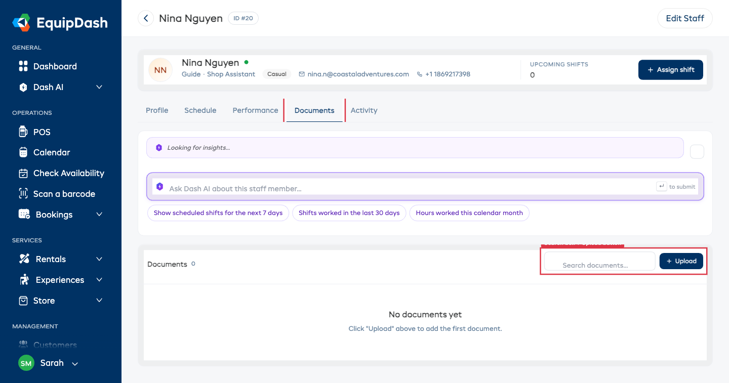 Documents tab on the staff detail page with the Search box and Upload button highlighted