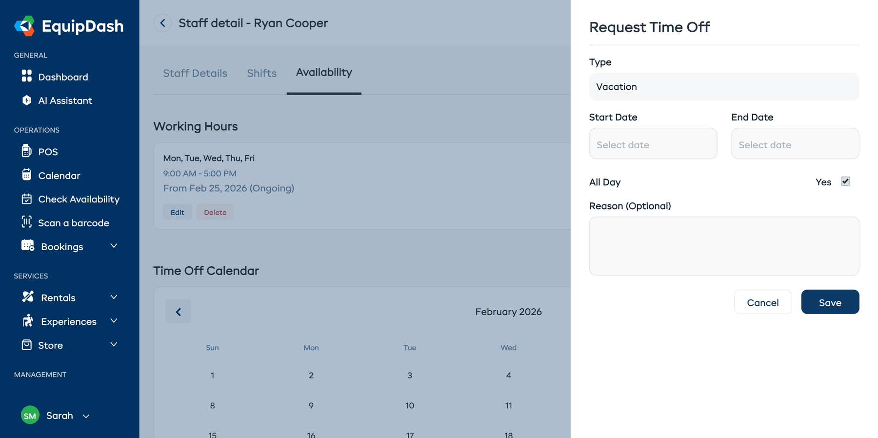 Record Time Off panel