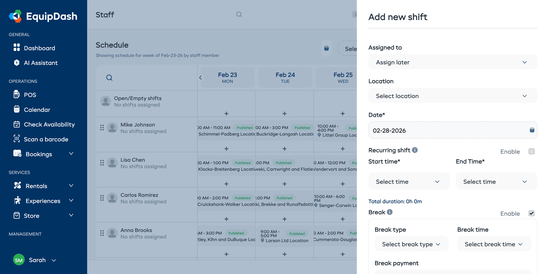 The Add Shift panel open on the right side of the screen, showing fields for Assigned To, Location, Date, Recurring toggle, Start Time, End Time, Break toggle, and Shift Notes