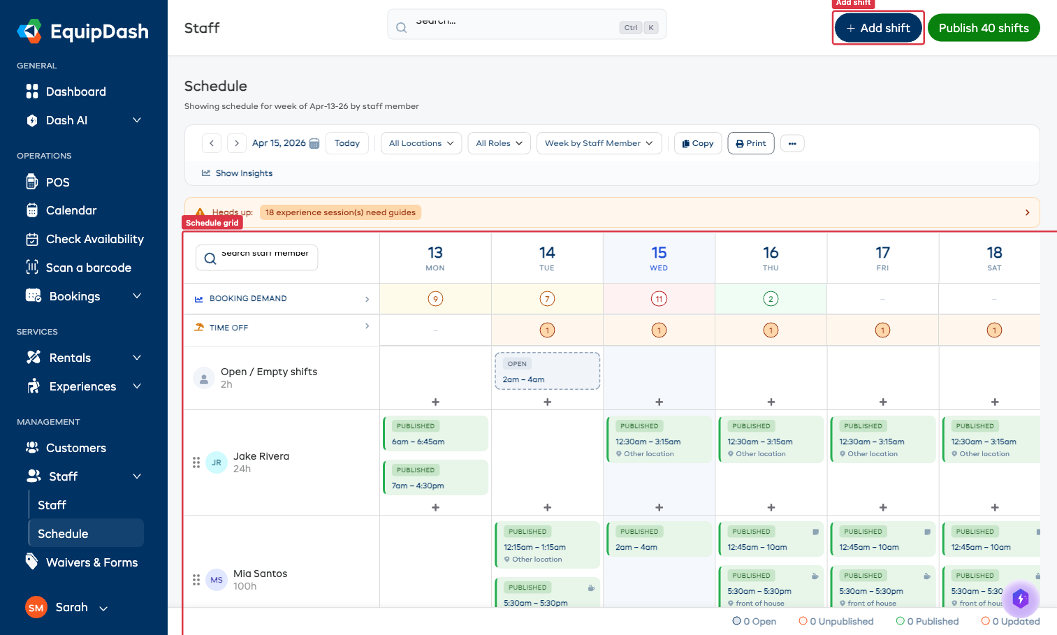 Schedule page showing the Select Location filter dropdown