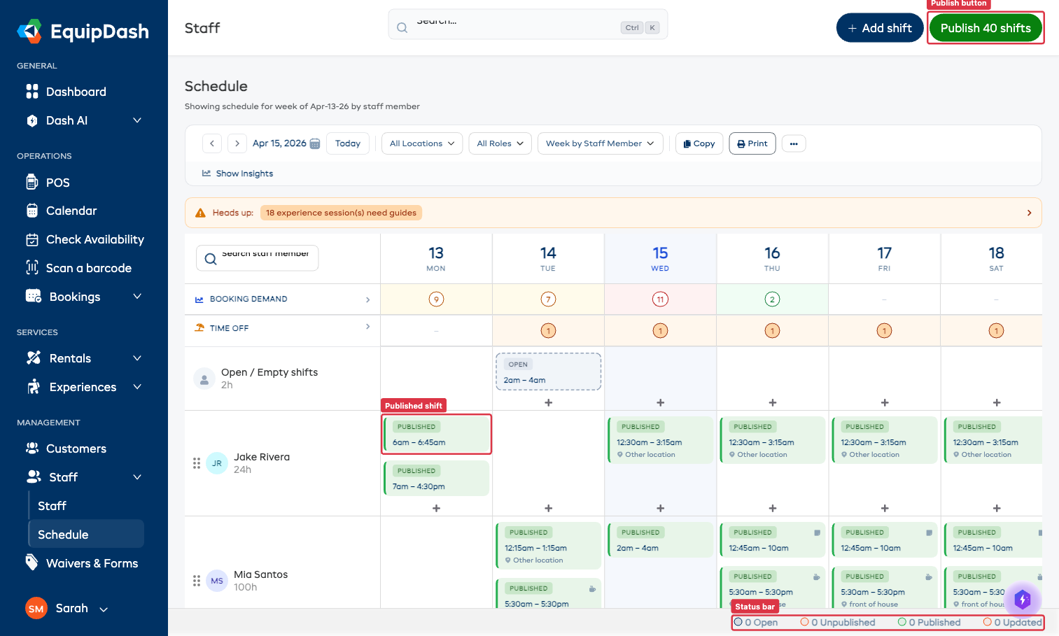 The weekly schedule grid showing the Publish button in the top-right corner, shift blocks with status badges, and the status bar at the bottom showing counts for Open, Unpublished, Published, and Updated shifts