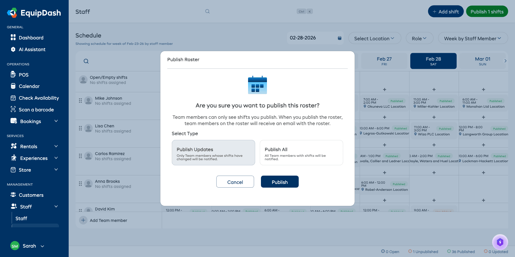 The Publish Roster modal showing the two publish type options — Publish Updates and Publish All — with Cancel and Publish buttons