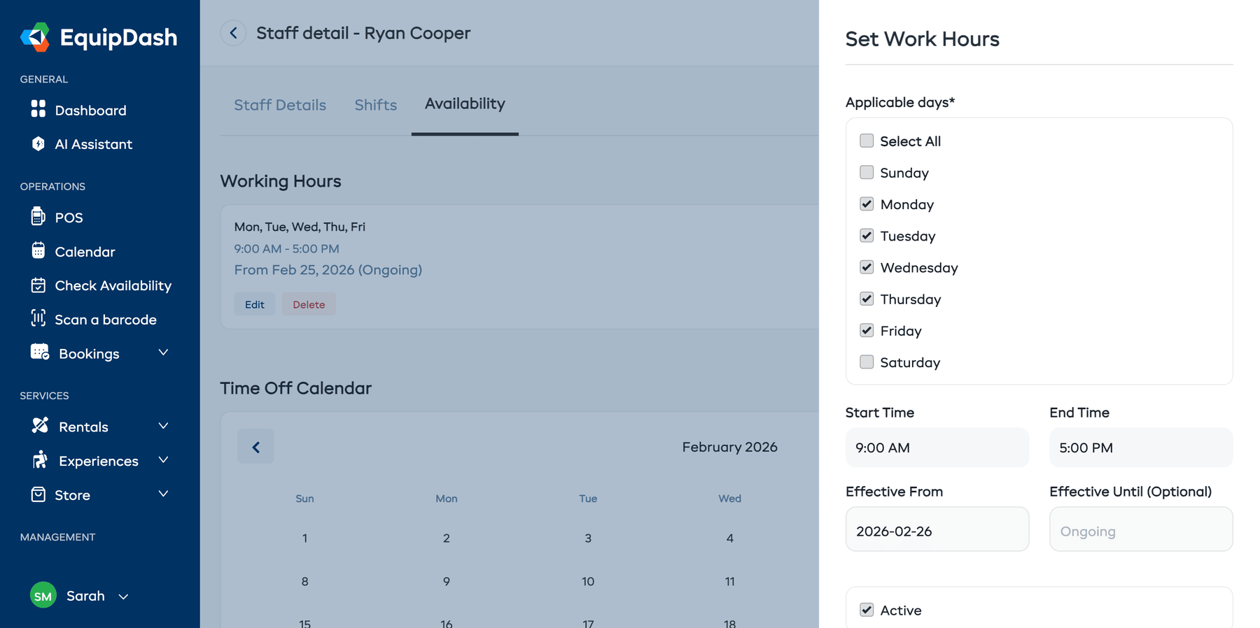 Set Work Hours panel