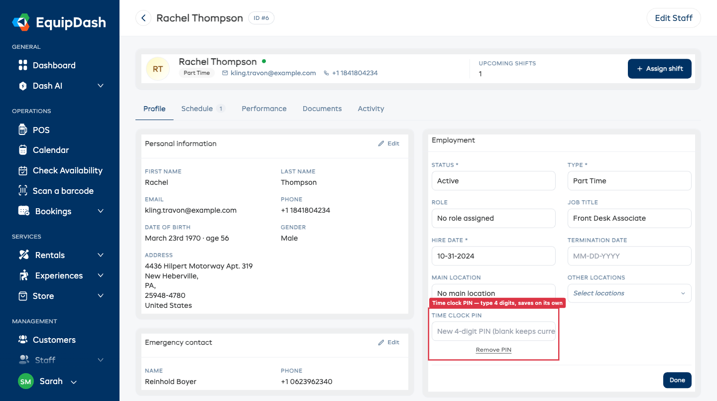 Employment card in edit mode on the staff Profile tab, with the Time clock PIN field highlighted