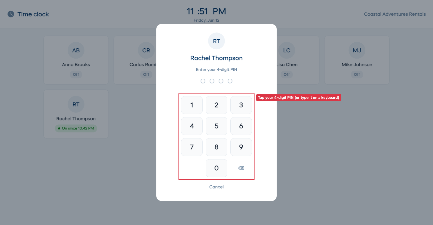 Time clock PIN pad overlay after tapping a name, ready to enter a 4-digit PIN