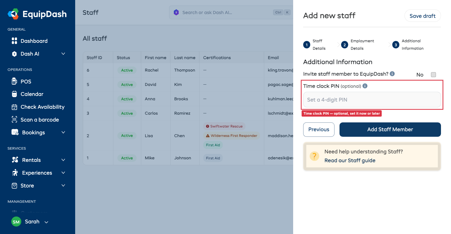 Add staff wizard on step 3, Additional Information, with the optional Time clock PIN field highlighted