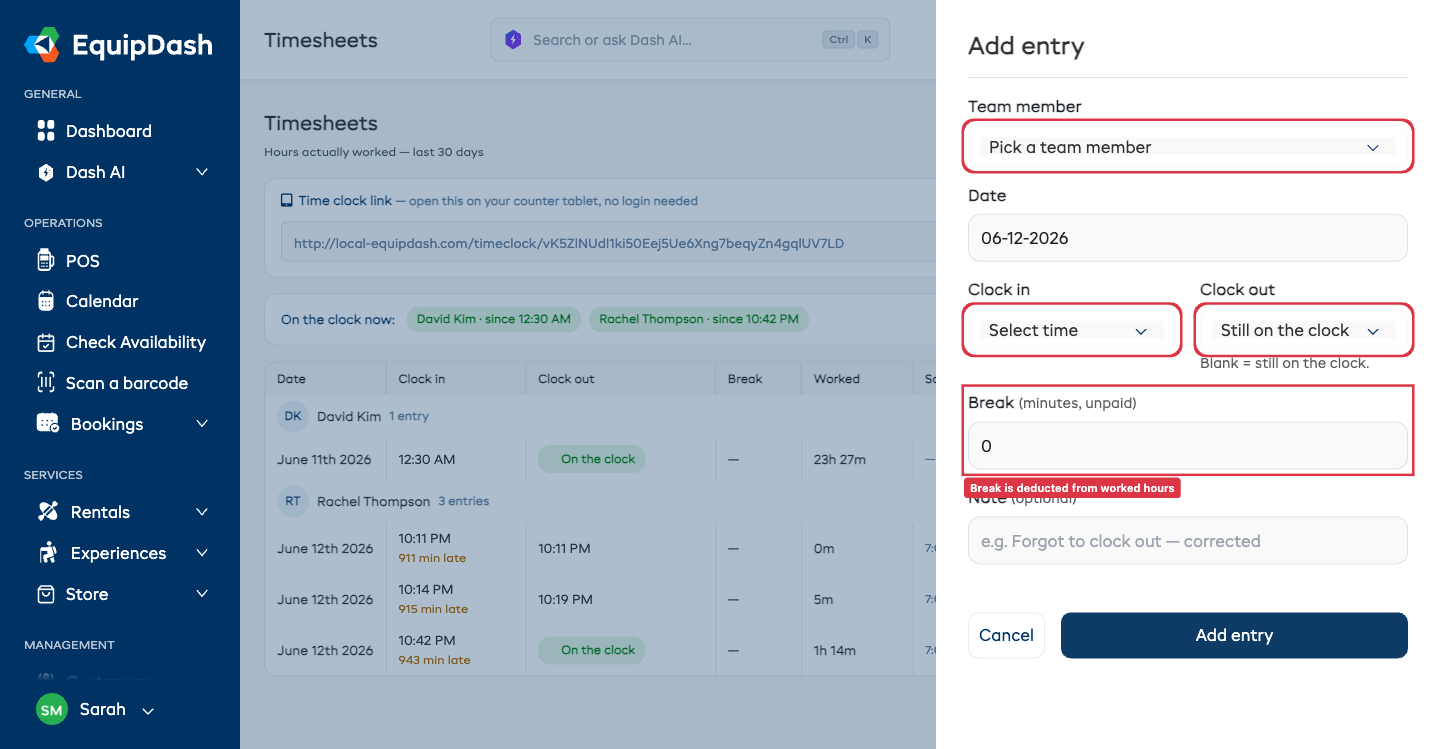 Add entry drawer for recording or correcting a timesheet entry, with team member, date, clock in/out, and break fields