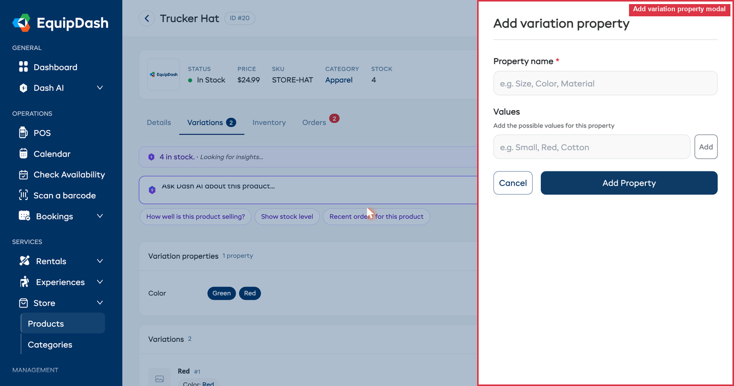 The Add variation property modal with fields for property name and values.