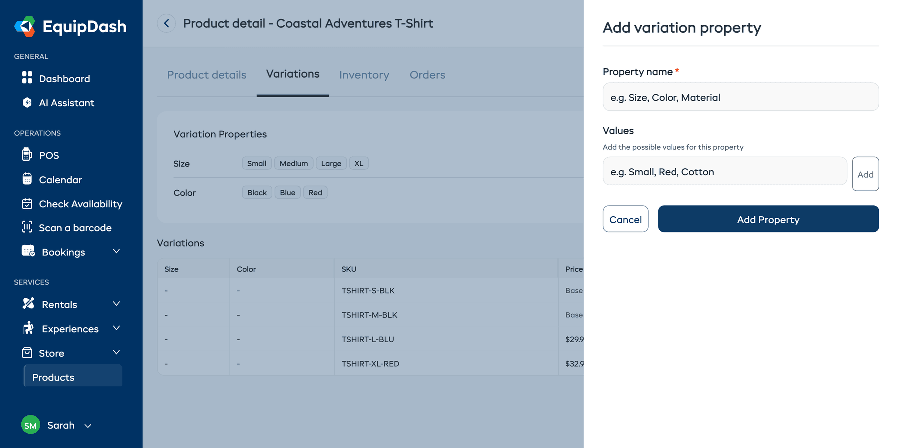The Add variation property modal with fields for property name and values.