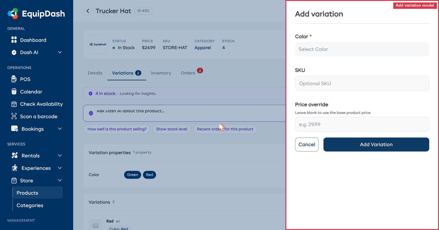 The Add variation modal with property dropdowns, SKU field, and price override field.