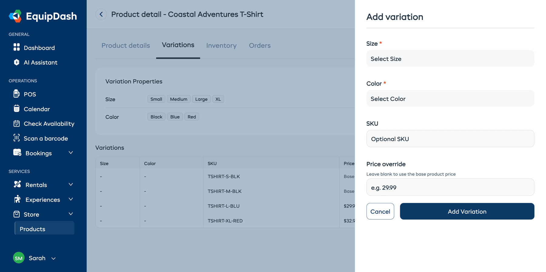 The Add variation modal with property dropdowns, SKU field, and price override field.