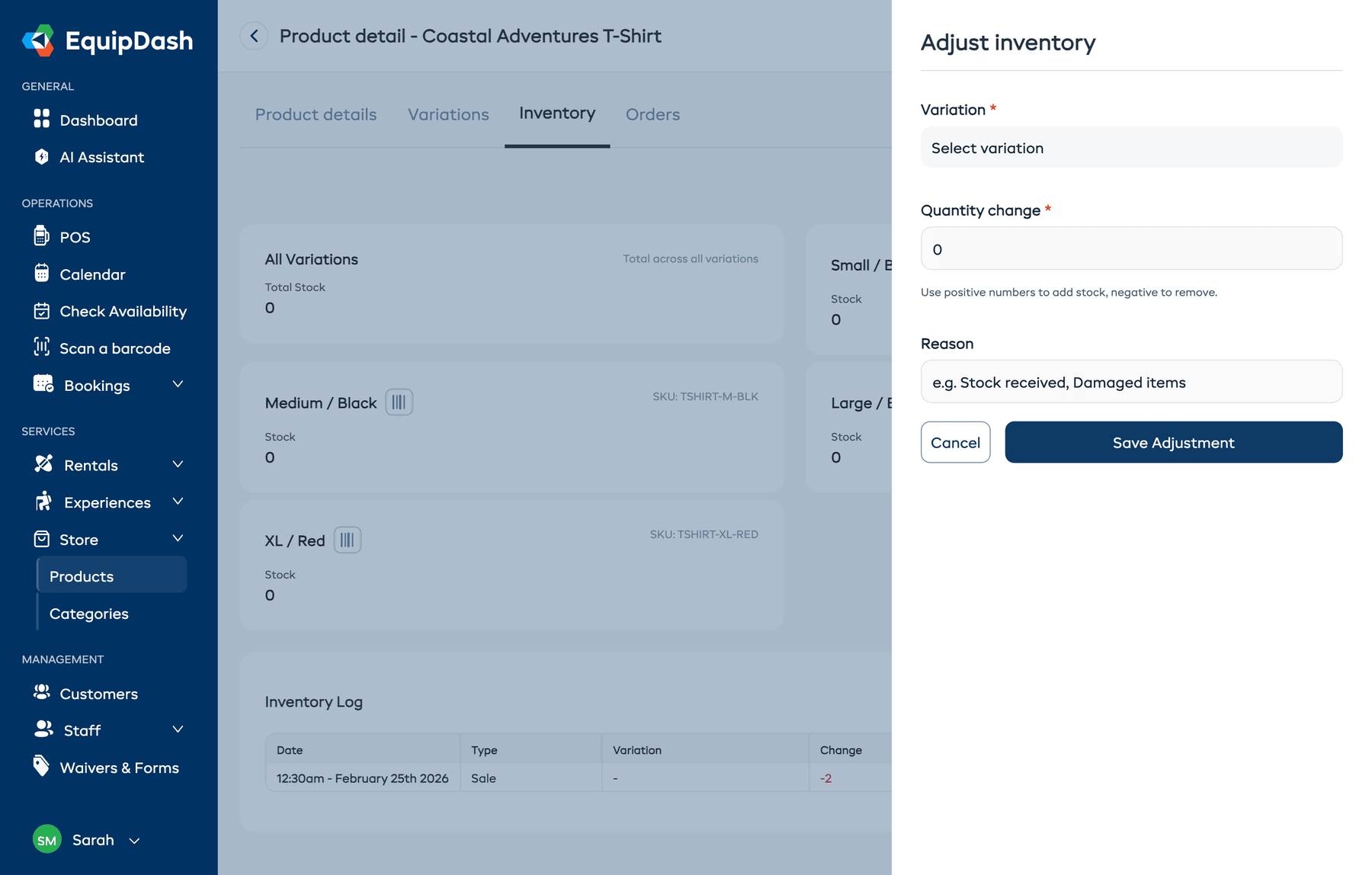 The Adjust inventory modal with variation selector, quantity change field, and reason field.