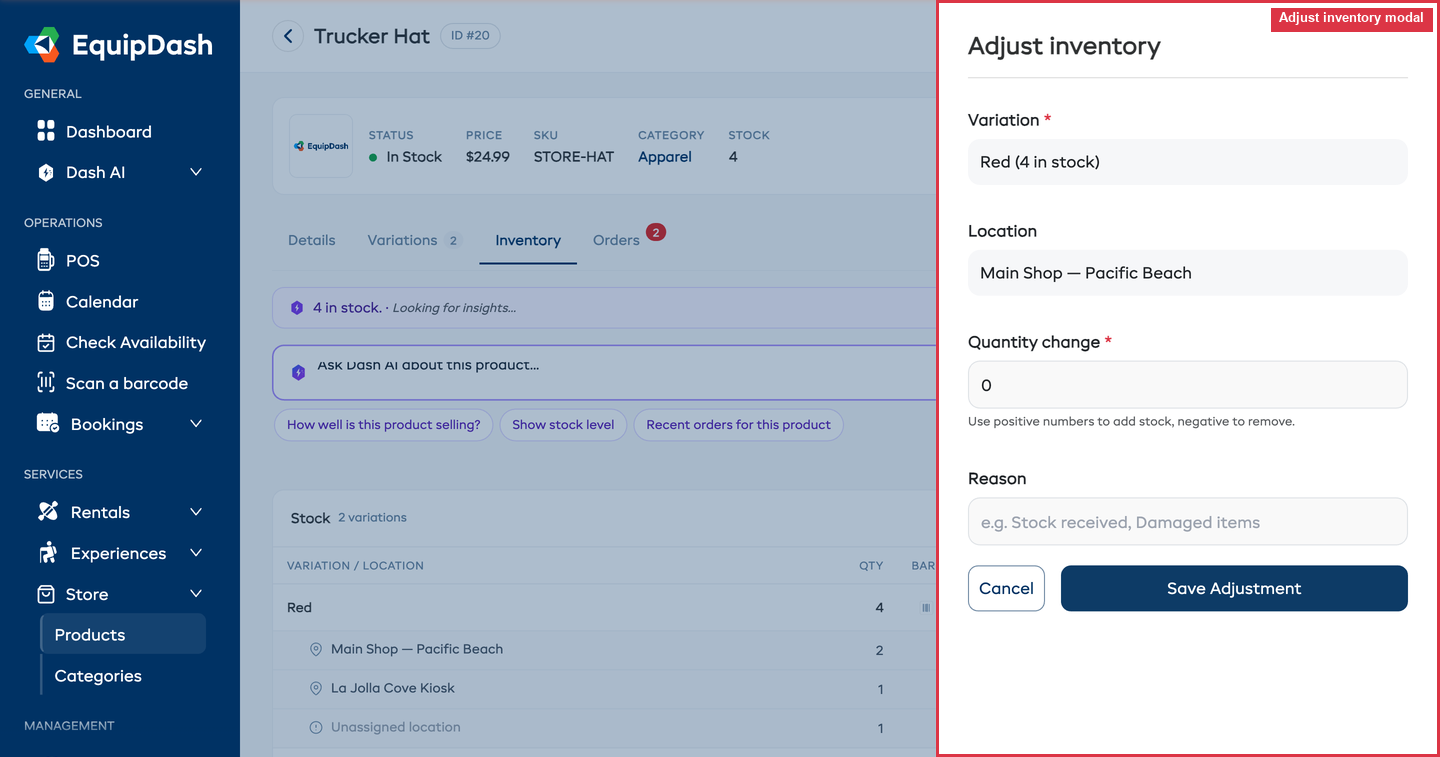The Adjust inventory sidebar with variation selector, location selector, quantity change field, and reason field.