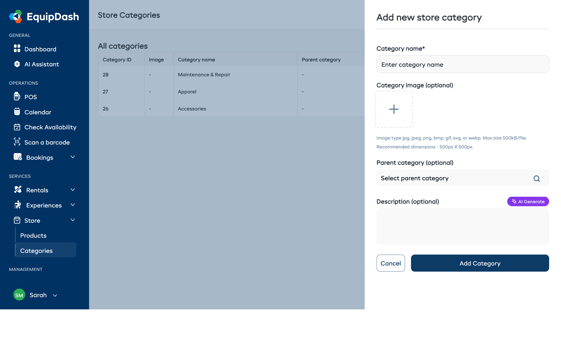 The Store Categories page with the Add Category form open on the right, showing name, image, parent category, and description fields.