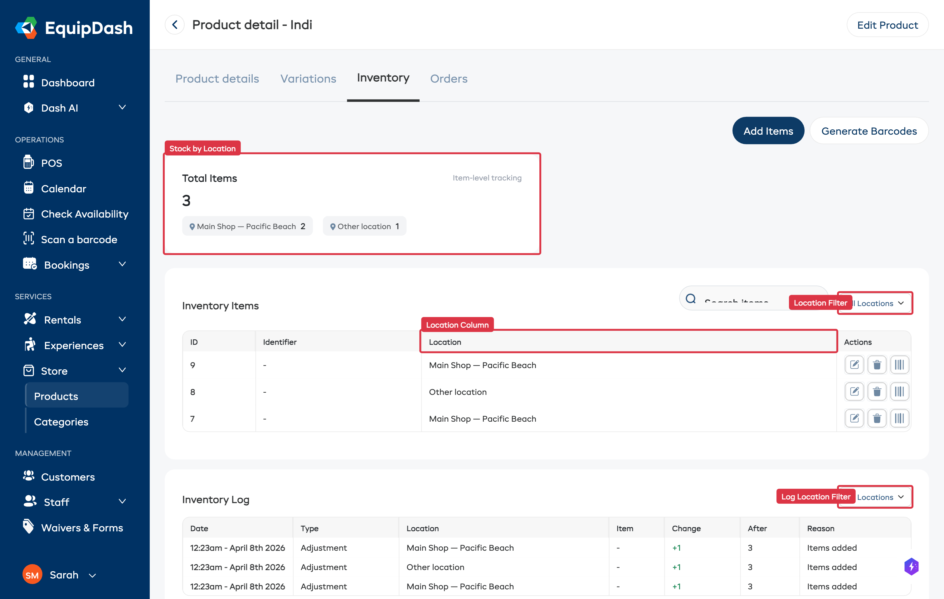 Store product inventory showing location filter, by-location stock breakdown, and Location column in inventory log