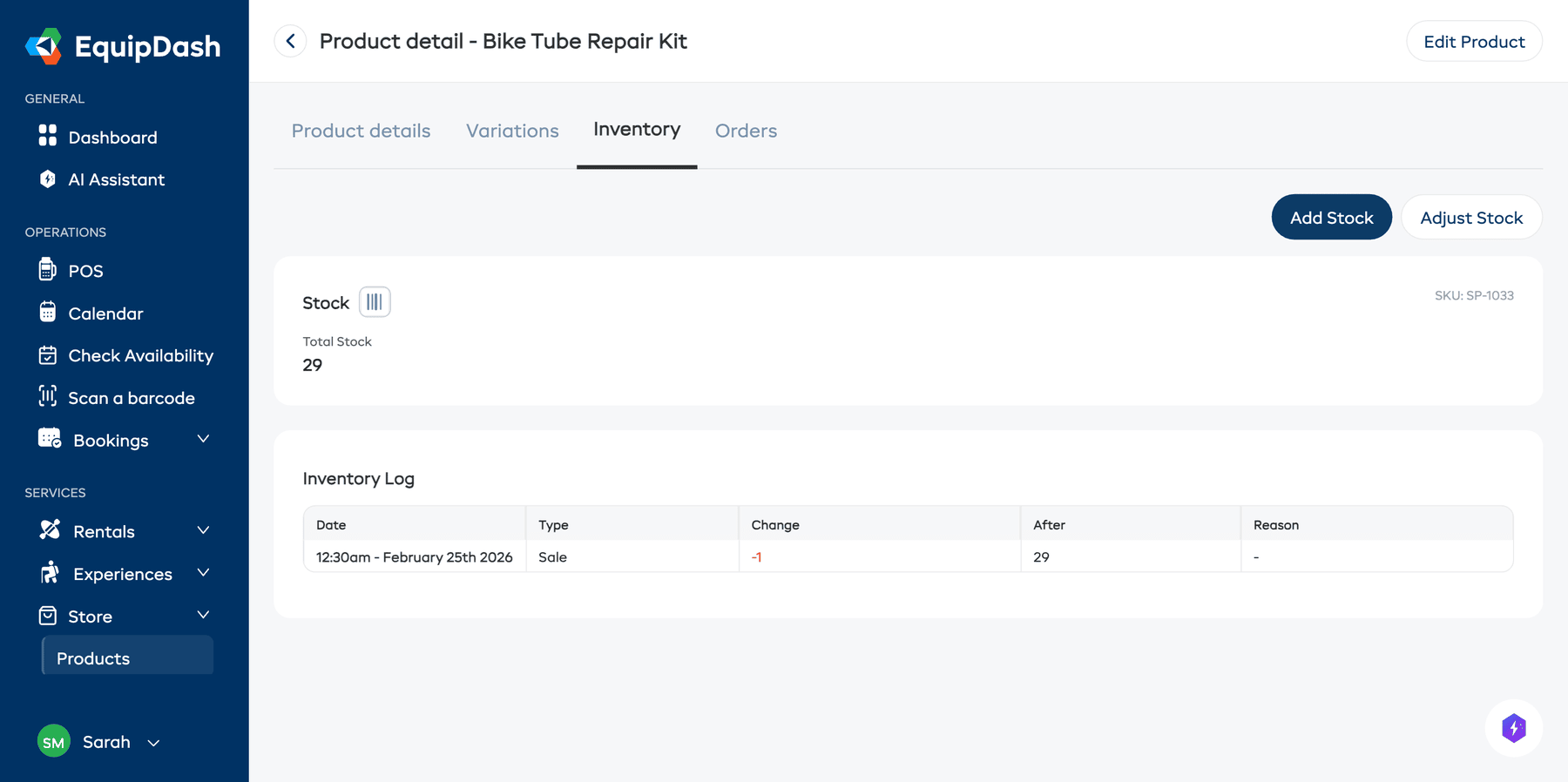The Inventory tab showing the stock card, Add Stock and Adjust Stock buttons, and the Inventory Log table.