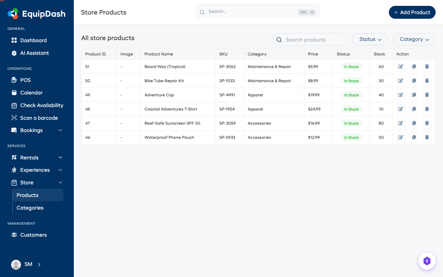 The left sidebar with the Store section expanded, showing Products and Categories.
