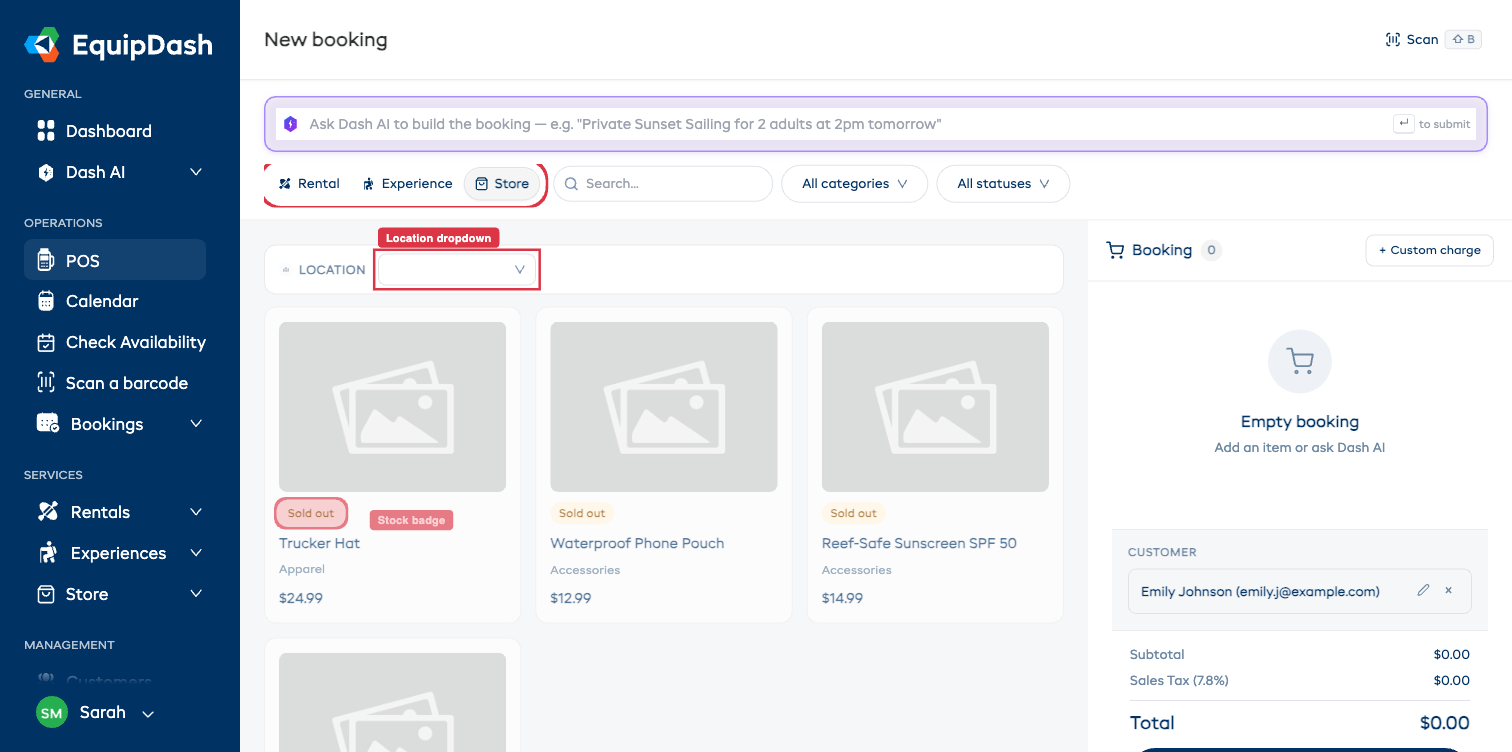 The Store view of the POS showing the booking-type pills, the search and filters, the location dropdown, and a grid of store product cards with stock badges and prices.