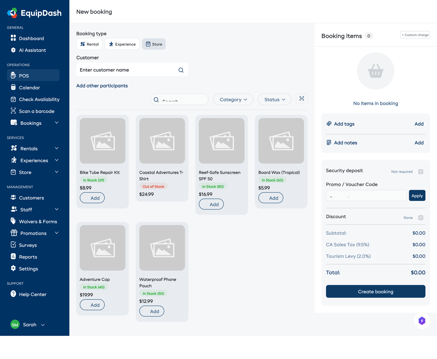 The POS with Store selected showing the product grid with search, category filter, status filter, product cards with stock levels and prices, and the Booking items panel.