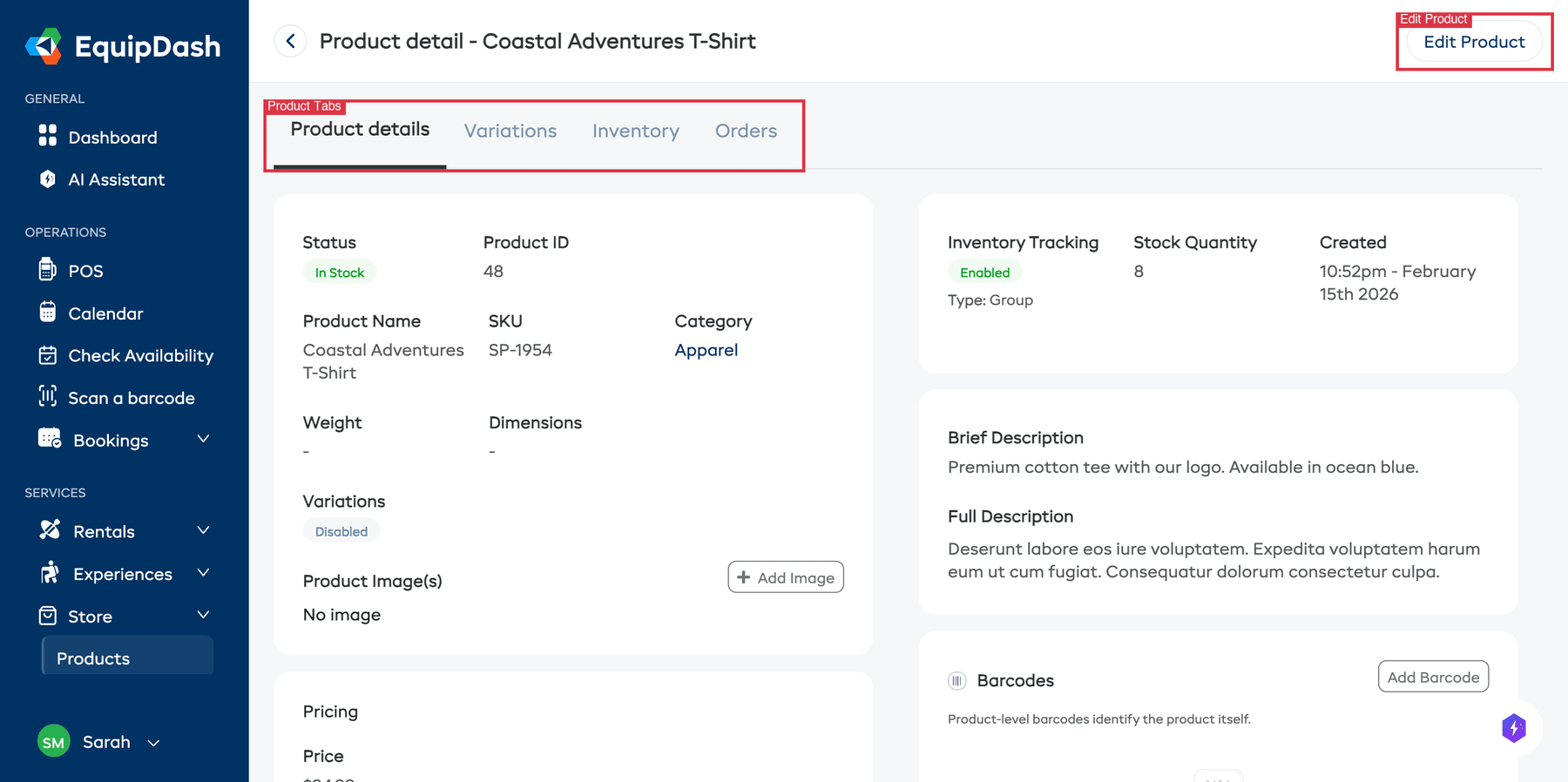 The product detail page showing the four tabs (Product details, Variations, Inventory, Orders) and the Edit Product button.