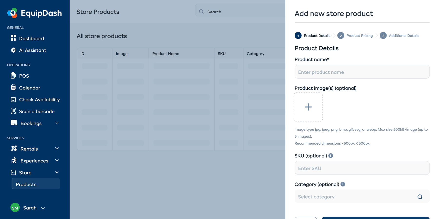 The Add Product wizard showing Step 1: Product Details with fields for product name, images, SKU, and category.