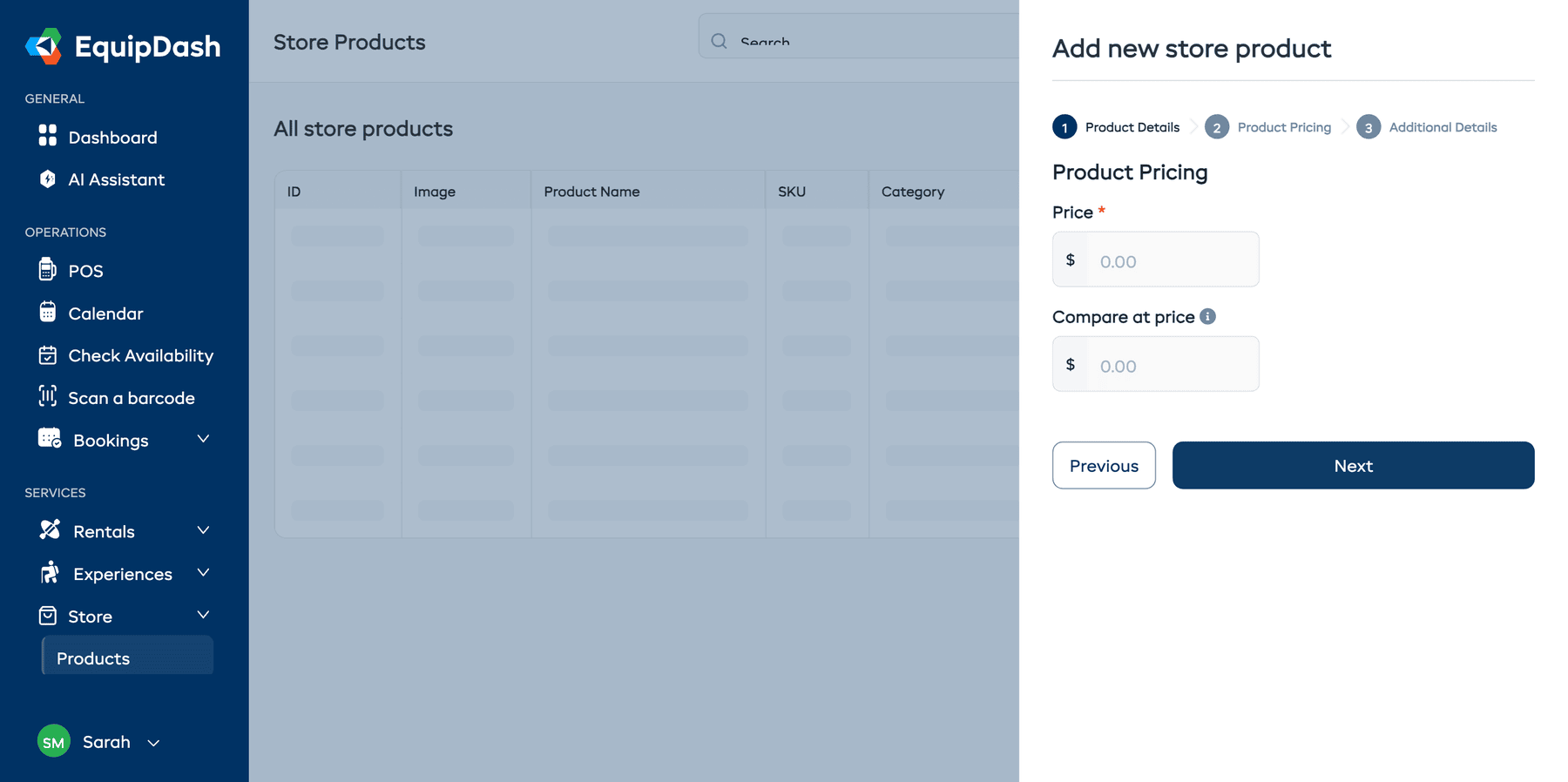 The Add Product wizard showing Step 2: Product Pricing with fields for price and compare at price.