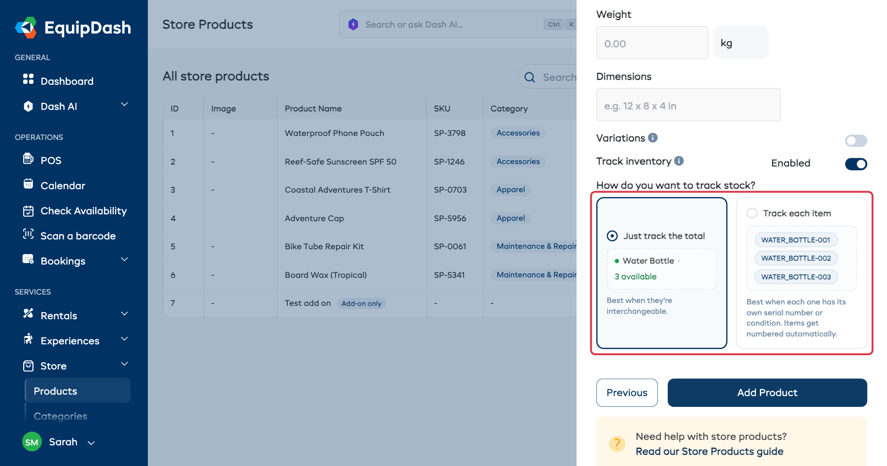 The Add Product wizard showing Step 3: Additional Details with Track inventory switched on and the two tracking cards highlighted below it.
