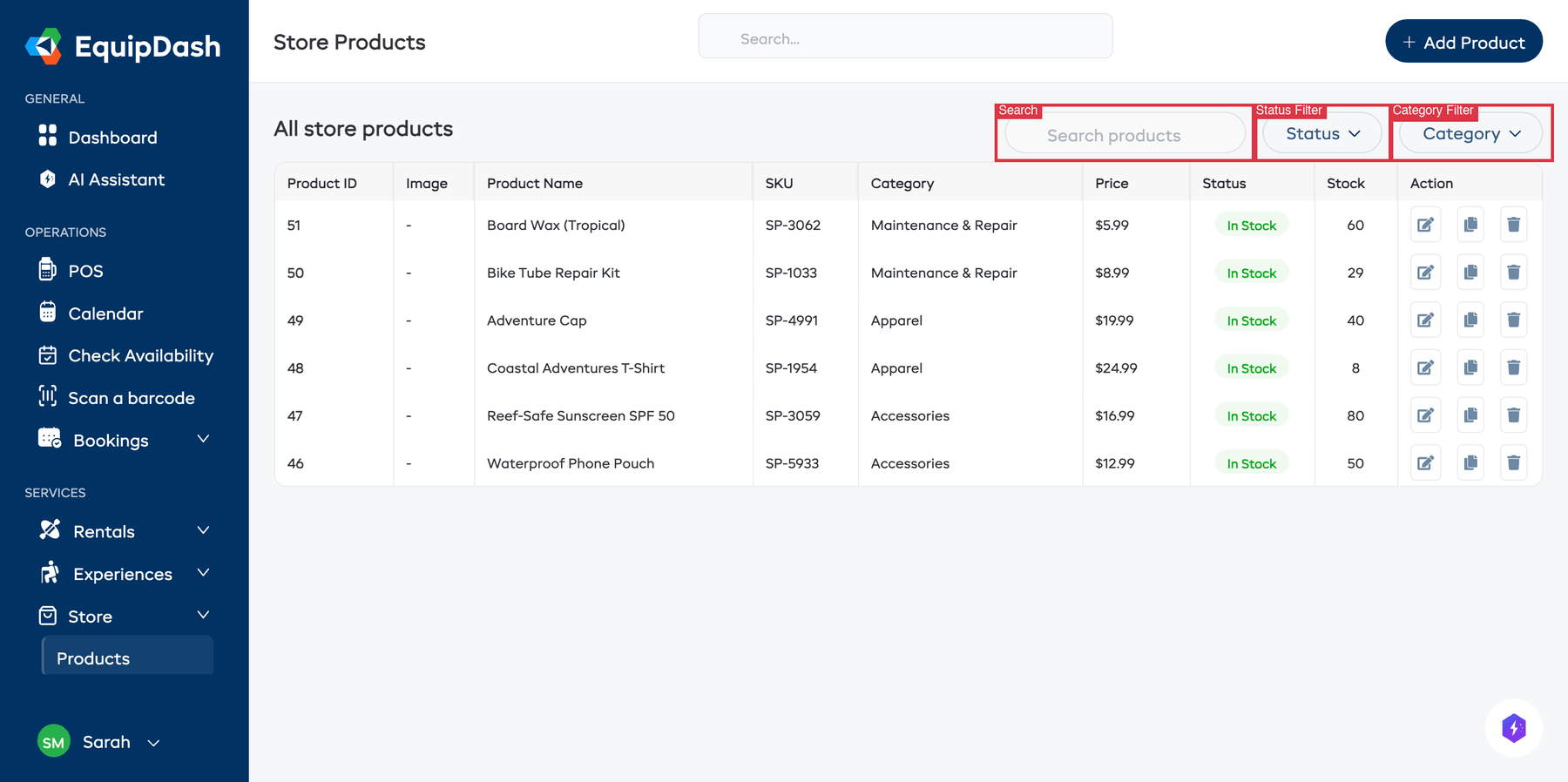 The Store Products table with search bar, status filter, and category filter highlighted.