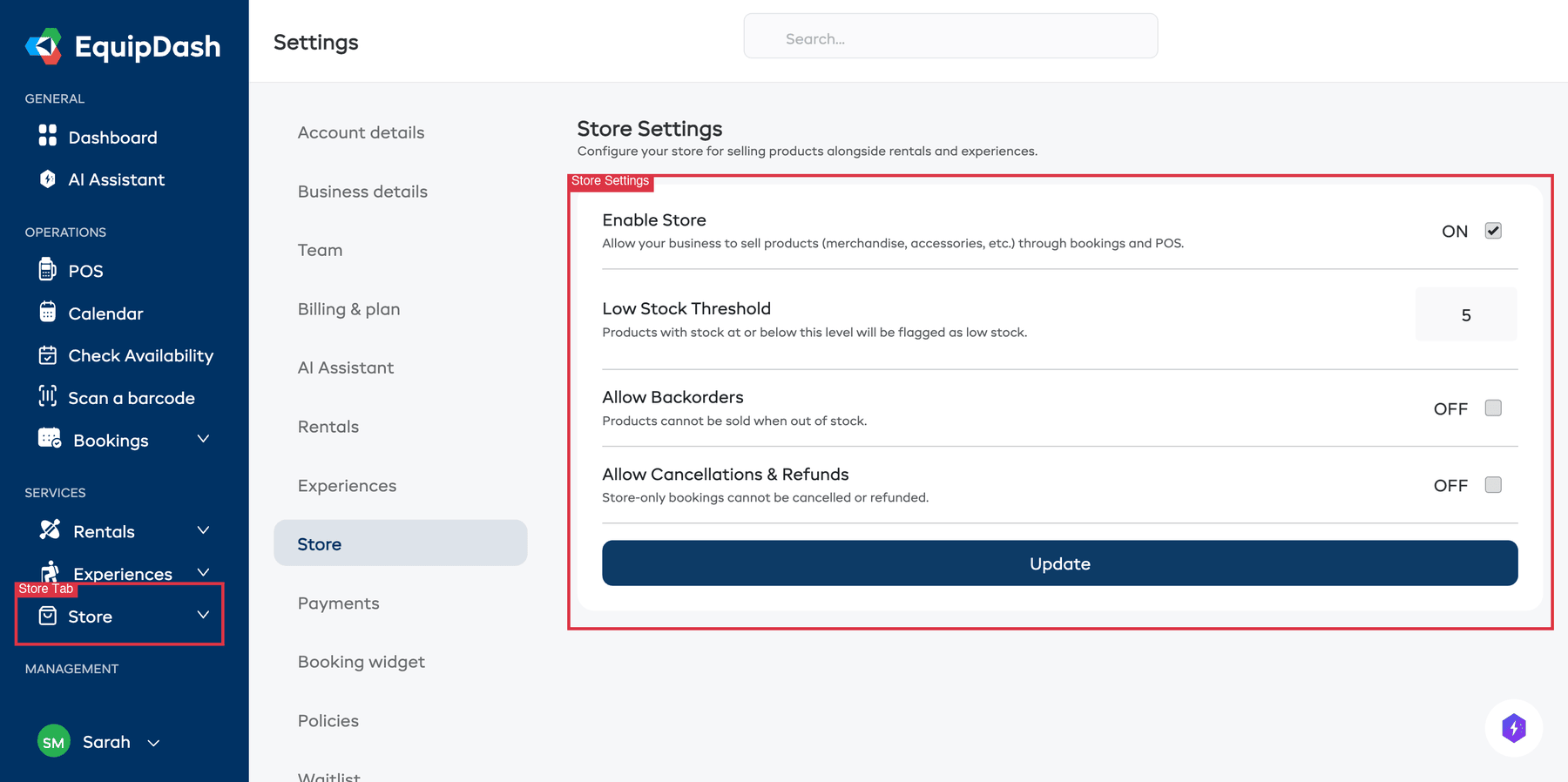 The Store settings page showing the Enable Store toggle, Low Stock Threshold, Allow Backorders, and Allow Cancellations & Refunds options.