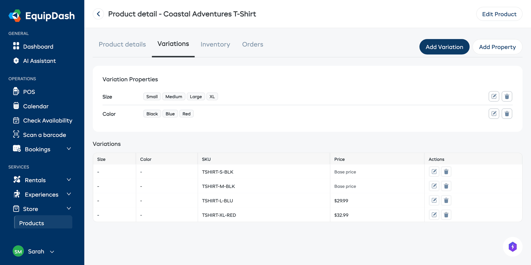 The Variations tab showing Variation Properties and Variations table with Add Variation and Add Property buttons.