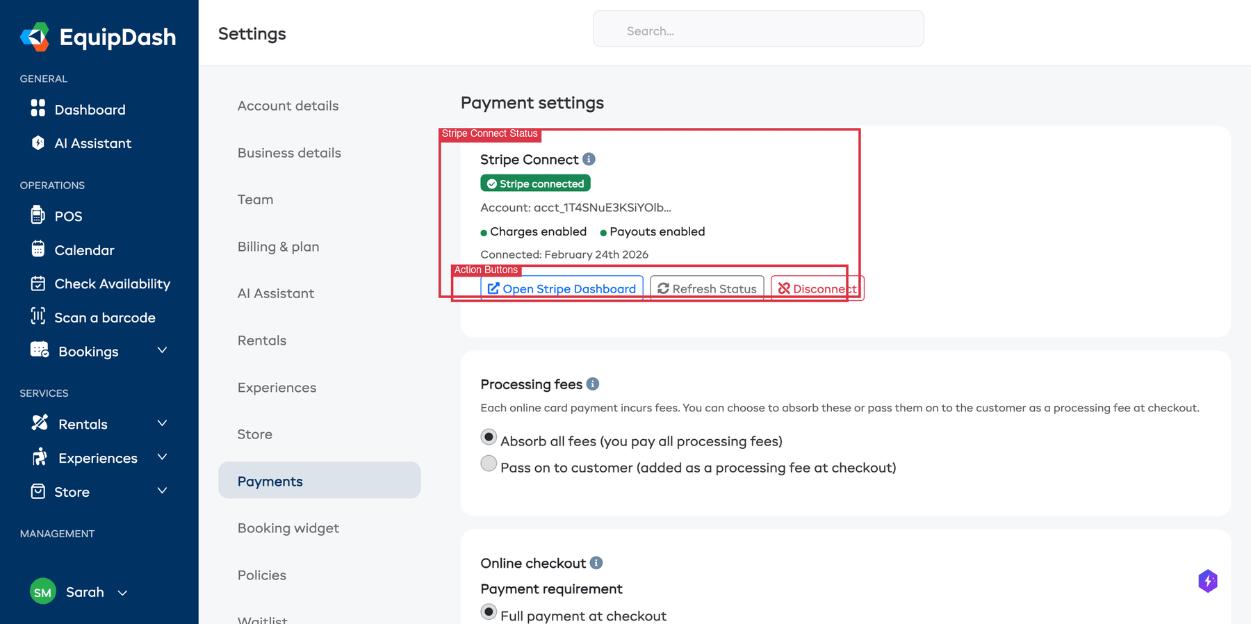 Stripe Connect settings showing connected status