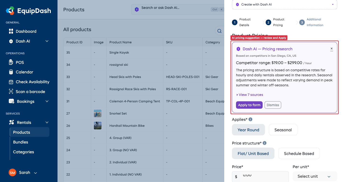 The AI pricing suggestion card on Step 2 of the Add Product form, showing competitor range, reasoning, sources and the Apply / Dismiss actions.