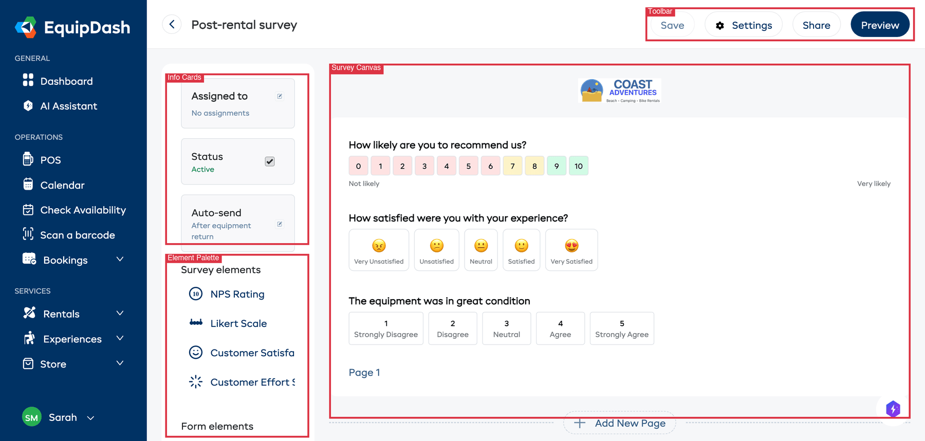 The survey builder showing the left panel with info cards and element palette, the centre canvas with questions, and the top toolbar
